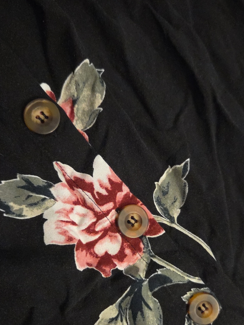 Unbranded Black Floral Button-Front Midi Dress with Pink Rose Print - Picture 2 of 3